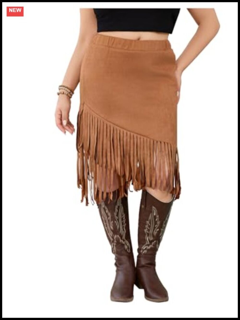 Plus Size Suede Fringe Hi-Rise Bodycon Skirt